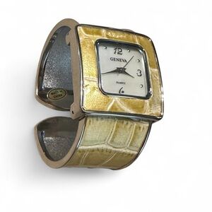 Geneva Women’s Yellow Alligator Cuff Band Analog Watch – Brand New